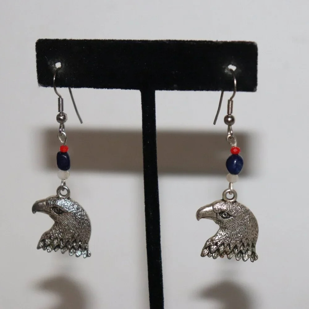 Silver Eagle & Red, White, Blue Beaded Dangle Earrings – 2.25